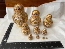 Russian 6" Matryoshka Nesting Dolls Burned Wood Gold Hand Painted 10pc