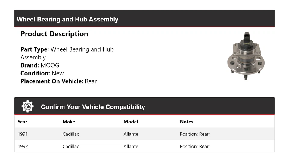 Conjunto de cojinete de rueda y buje trasero MOOG para Cadillac Allante 1991-1992 Foto 2 de 4