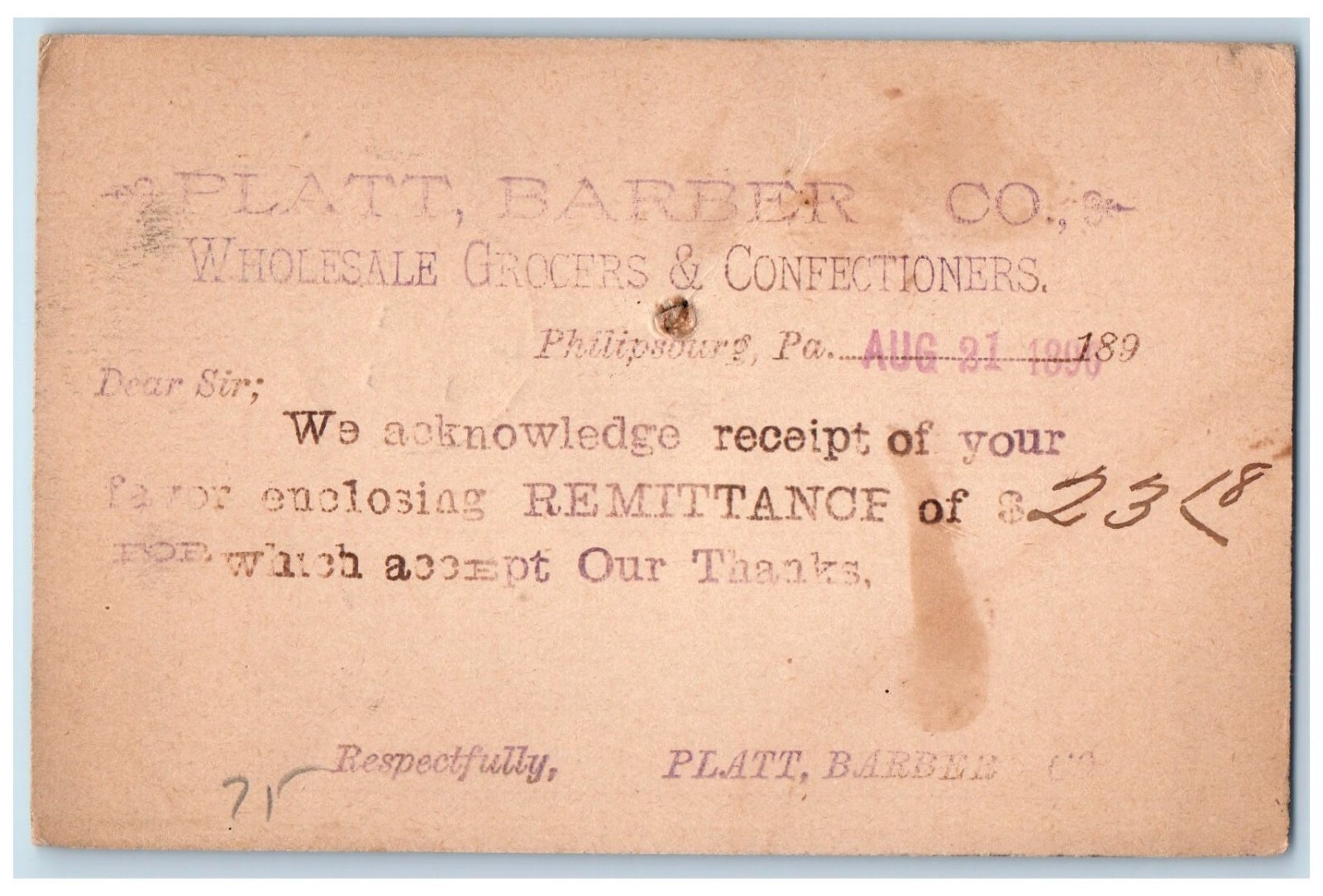 1897 Platt Barber Co. Wholesale Grocers Confectioners Philipsburg PA