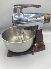 Sunbeam Deluxe Mixmaster Mixer Vintage Chrome Brown SS  Bowl Beaters Tested MCM