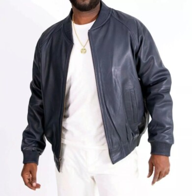 New Men Stylish 100% Real Soft Lambskin Leather Plain Blue Bomber Jacket