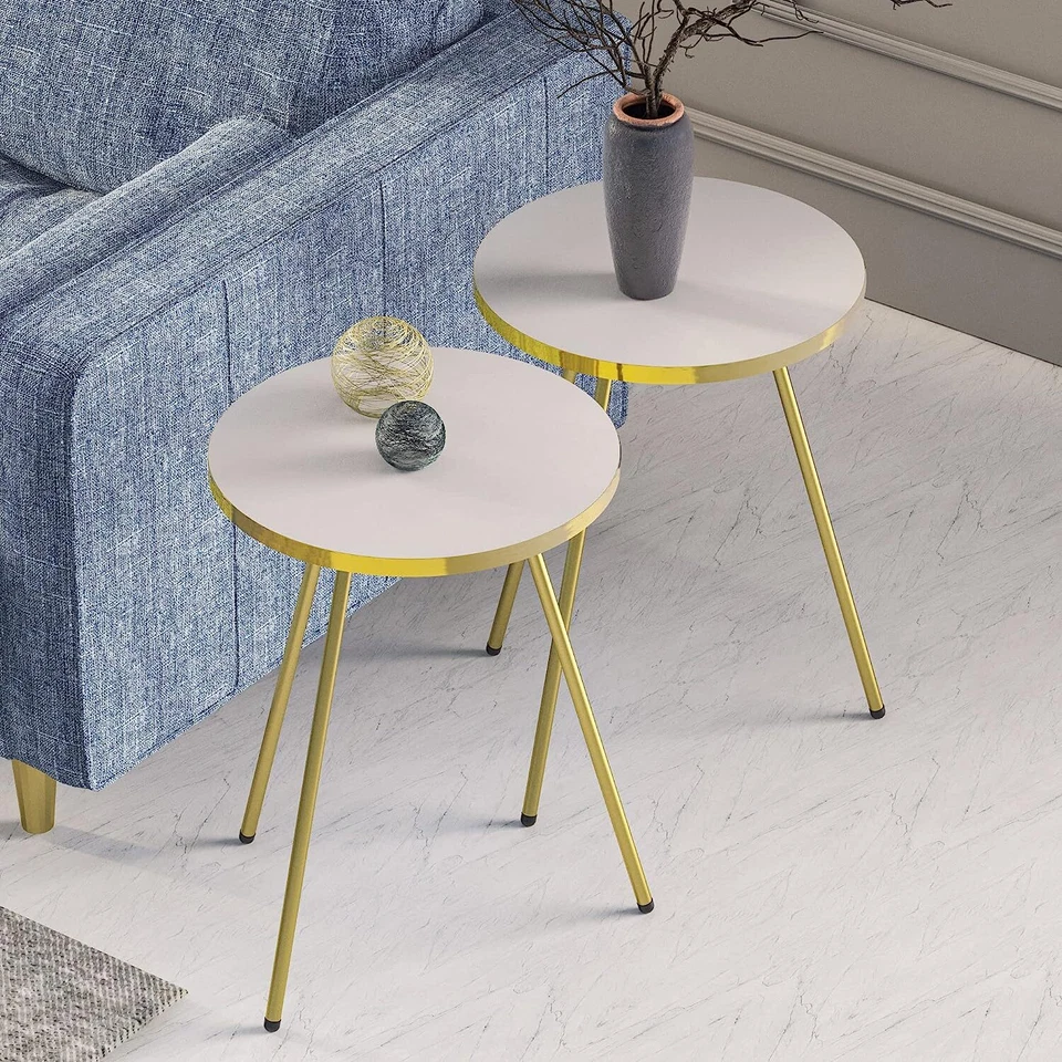 Set of 2 END Tables Marble Look Wood Round Sofa Side Table for Small Spaces - Image 4 of 4