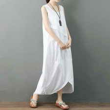 Womens Irregular Hemline Cotton Linen Dress Sleeveless Crewneck Summer Loose Fit