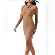 ASTR THE LABEL TAN HALTER LONG SLEEVE TWIST FRONT CUT OUT MINI DRESS - SKU:58