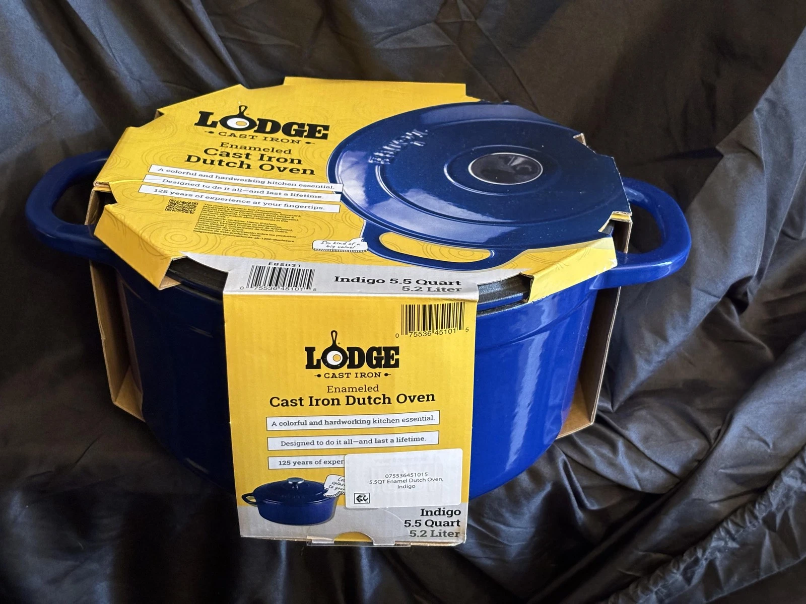 Lodge 5.5 QT Enameled Cast Iron Dutch Oven Casserole Pot Indigo Blue W/ Lid