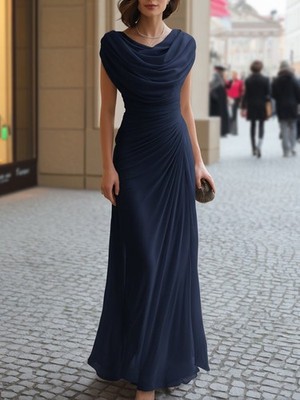 Women's Elegant Pleated Maxi Dress Slim Fit Sleeveless Cowl Neck Formal Gown