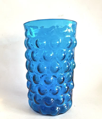 Vintage 1960s Blenko Bubble Glass Blue Oval Vase Wayne Husted 10" Tall