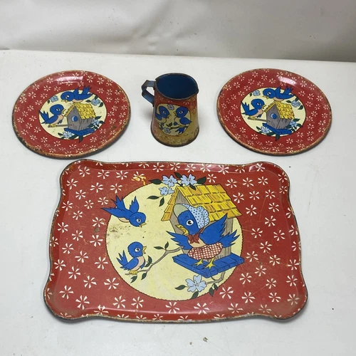 Vintage Bluebirds 1950's Tin Toy Tea Set. Ohio Art Co. 4 Pieces