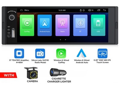 1DIN Android Auto 6.28'' IPS Car Stereo Wireless CarPlay GPS Sat Nav Linux System