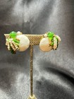 Vintage Miriam Haskel Milk Glass Cabochon & Green Glass Cluster Accents Earrings