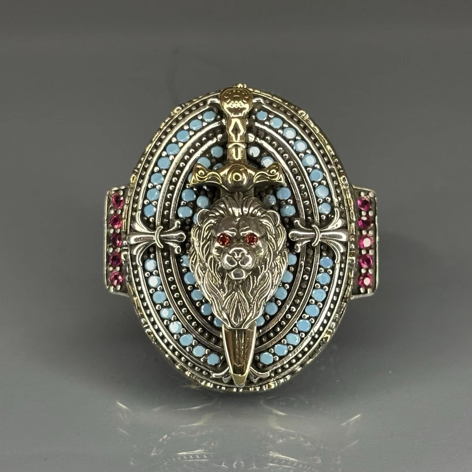 Sterling Silver Lion Head Ring: Ruby Eyes, Turquoise, Gothic Sword Jewelry - Image 2 of 4