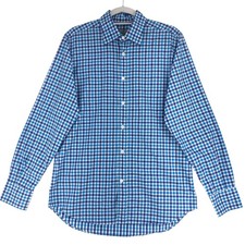 Canali Dress Shirt Mens M Blue Teal Gingham Check Long Sleeve Button 100 Cotton