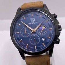 Benyar Mens Chronograph Brown Leather Moon Phase Watch Works New Battery