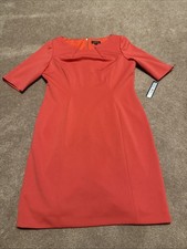 NEW Tahari Arthur Levine Coral Short Sleeve Dress 14 Gold Zip Notched Neckline
