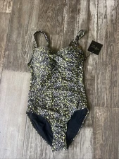 NipTuck Black Yellow Animal Print One Piece Swimsuit Size 6 Leopard Ruching