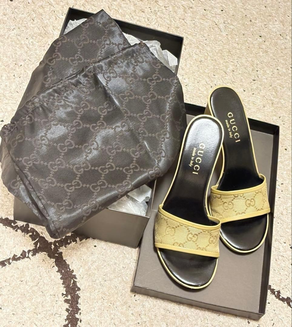 GUCCI Mules Sandals Heel GG Canvas Yellow Green EU35/US5 116127c thumbnail 17