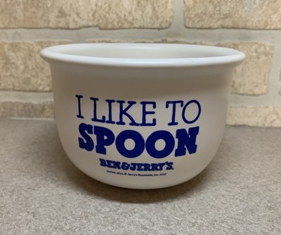 Ben & Jerry s I Like To Spoon Ceramic Ice Cream Bowl 2016 White Blue Made In USA