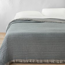 King Reversible Textured Cotton Chambray Coverlet Dark Teal Blue -