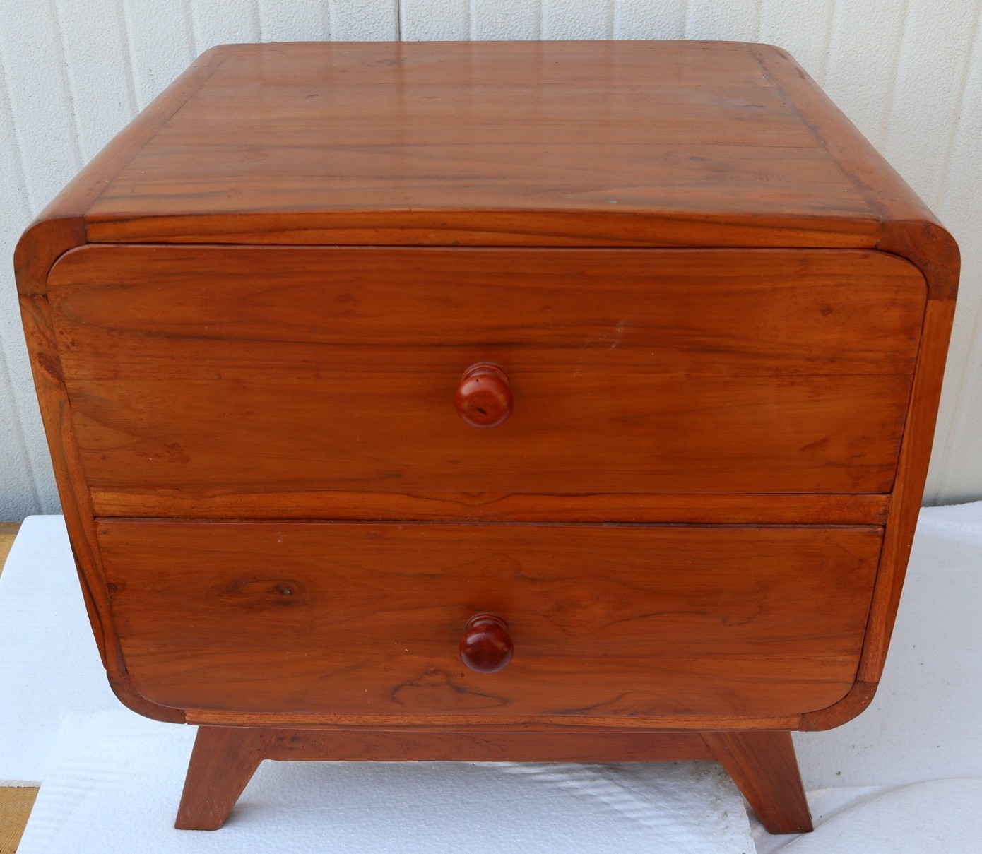 70s Style Solid Teak Bedside Table with V-Legs and 2 Drawers Natural Color