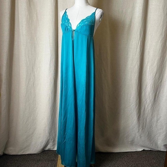 Vintage Teal Nylon Slip Dress Lace Maxi Y2K 90s Lingerie Dress S