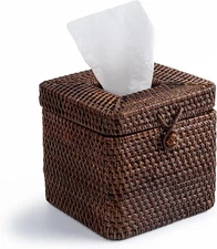 Rattan Tissue Box Cover, Square Facial Tissue Holder, Open Top, Brown