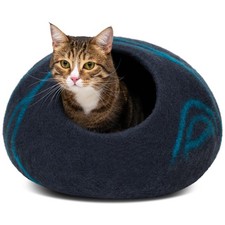Cat Cave Bed - Large Handmade Merino Wool Felt for Indoor Cats, Black Aqua