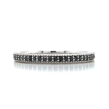 Vintage 14K White Gold Pave Round Balck Diamond Halfway Milgrain Edge Band Ring