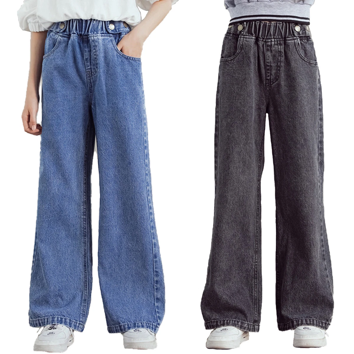 Girls Kids Wide Leg Straight Denim Jeans Baggy Trousers Loose Pants Casual  Jeans