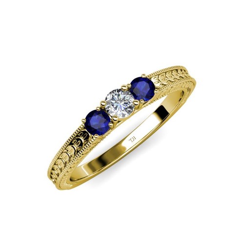 Diamond and Blue Sapphire 3 Stone Ring with Milgrain Work 0.55 ct tw in 14K Gold - Picture 3 of 4