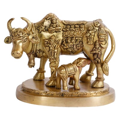 Brass Cow and Calf God Carving on Gau Mata Statue Idol Sculpture Figurine