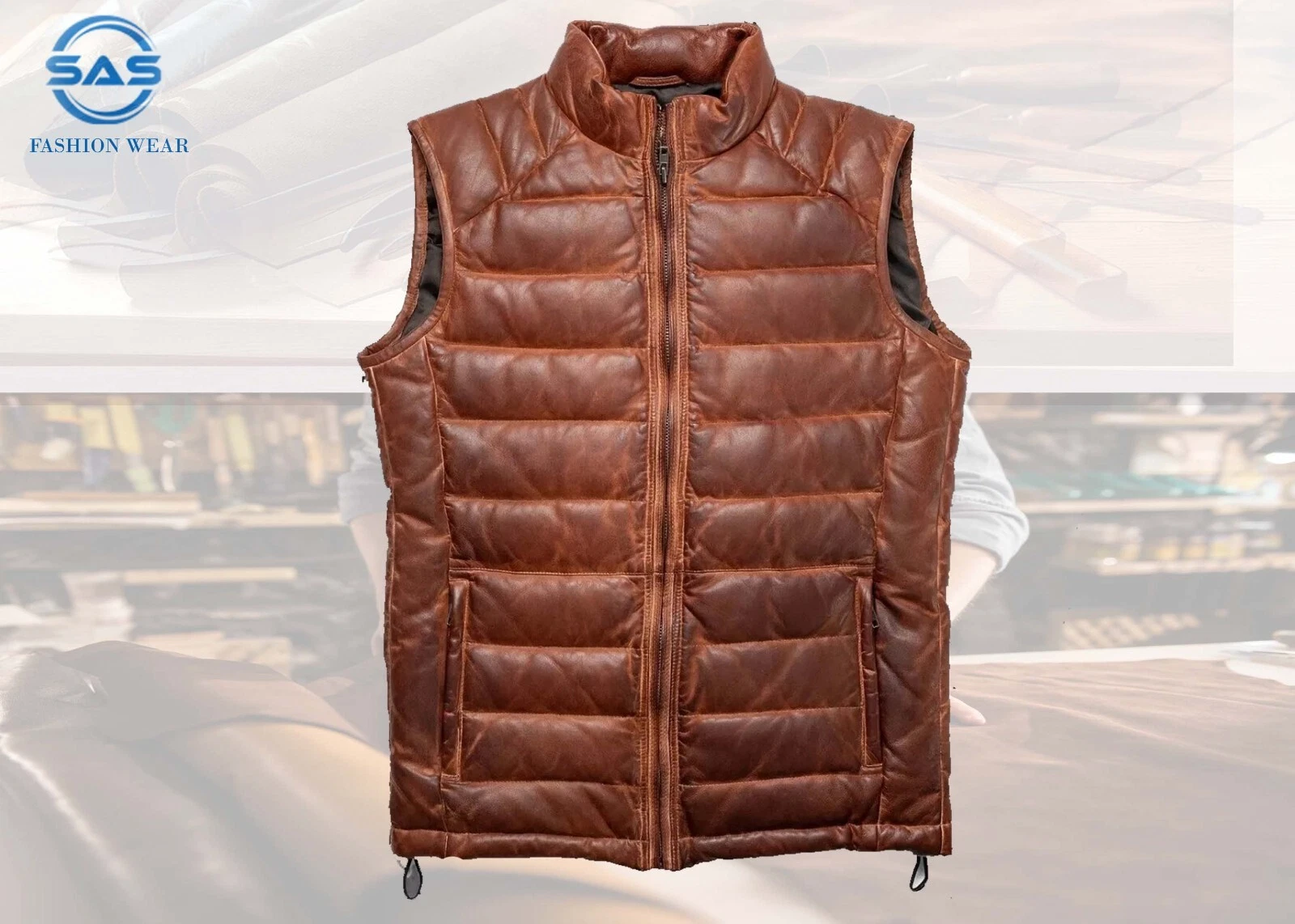 Men's puffer Casual leather vest, Stylish brown sleeveless jacket