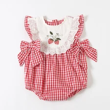 NEW Baby Girls Embroidered Strawberry Red Plaid Gingham Bubble Romper Jumpsuit