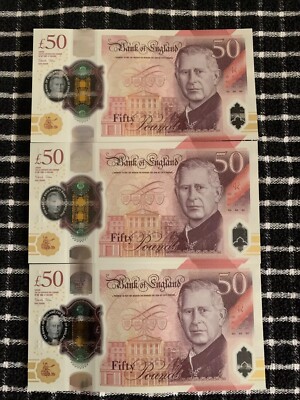 3 neue unzirkulierte £50 Pfund Scheine King Charles III Polymer Mint