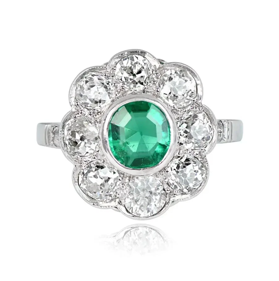 艺术装饰风格圆形翡翠,实验室创作钻石光环声明戒指 925 银 — 第 2/4 张图片