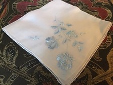 Vintage Blue Satin Embroidery Roses Hankie VGC