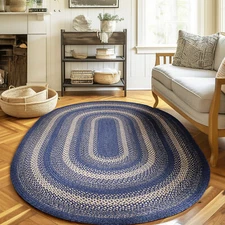 Blue Braided Farmhouse Jute Rug in Rectangles Oval Runner for Kitchen