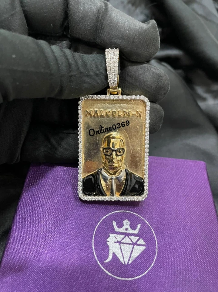 男式珐琅 3D Malcom-X 吊坠 0.50 克拉天然莫桑石 925 银免费耳钉 — 第 4/4 张图片