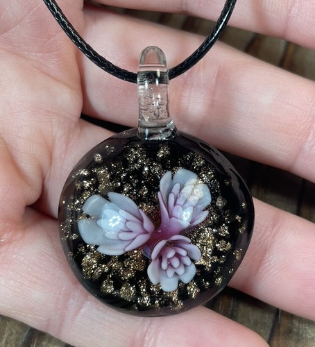 Art glass flower pendant necklace black 