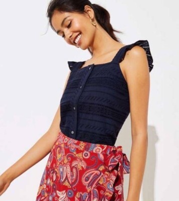 Loft Flutter Strap Embroidered Button Up Top XS