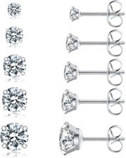 5 Pairs Stud Earrings Set, Hypoallergenic Cubic Zirconia 316L Earrings 3-8mm