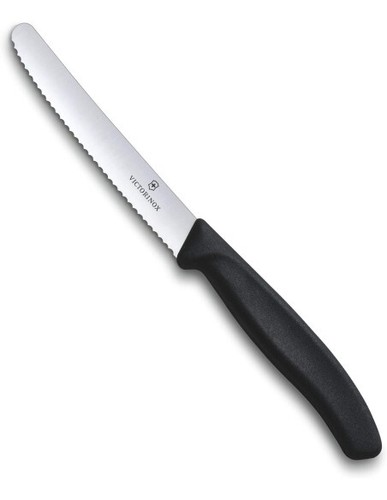 Coltello Cucina Verdura Retto Seghettato Cm 8, Colore Nero , Manico In Gomma Termoplastica Coltelleria Valgobbia Cc01vs08