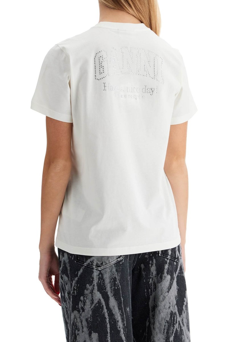Tシャツ・カットソー GANNI Woman T-Shirt White T3946 135 Egret White Basic Jersey Rhinestone Relaxed T-shirt | GANNI US