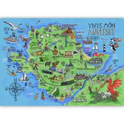 Anglesey Karte A4 Druck - Küste Wales Kunst Poster - Reisekarte Geschenk 