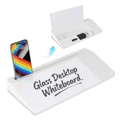 Glass Desktop Whiteboard with Wireless Charger & Storage, Desk Dry Erase Note...
