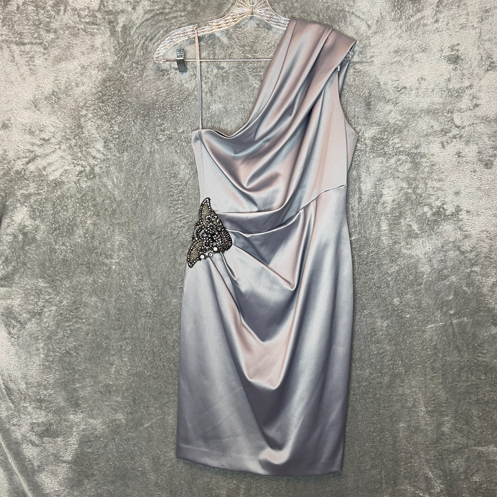 Eliza J Women Beaded Formal Occasion One Shoulder Beaded Satin Sheath Dress 8
