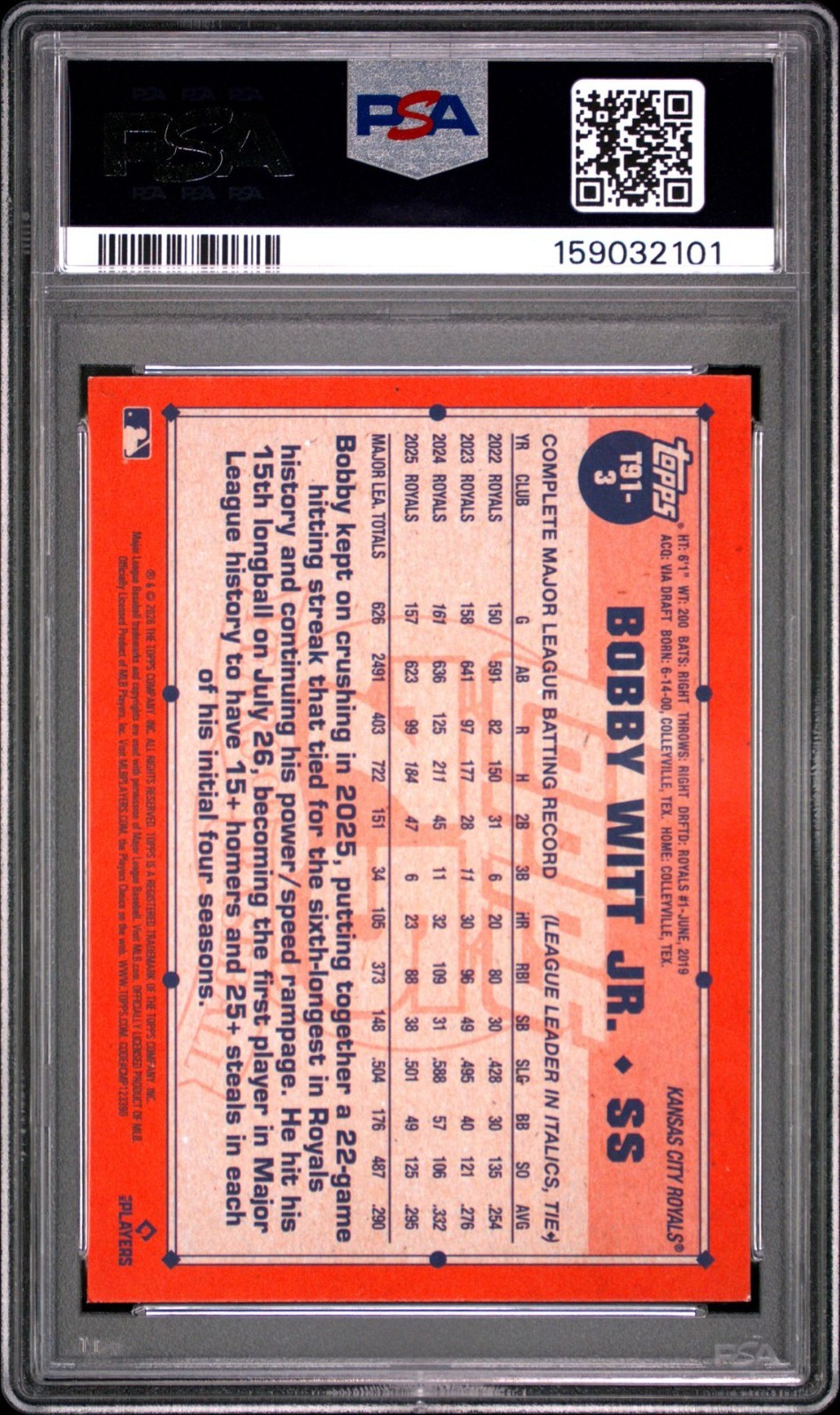 2026 Topps 1991 Topps Baseball #T91-3 Bobby Witt Jr PSA 8 view 2