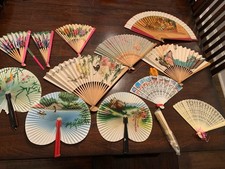 Vintage Lot of 10 Paper  Wood Folding Hand Fans