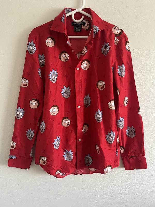 Suitmeister Rick and Morty Festive Red Button Down Shirt Size Large