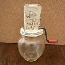 Vintage ANDROCK Nut Meat Chopper HAZEL-ATLAS Glass Jar Great White Retro