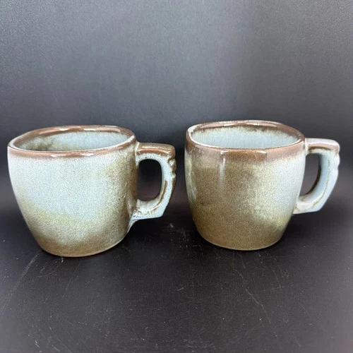 VTG Frankoma Pottery Woodland Moss Coffee Mugs Tea Cups 5C Blue Brown Set Of 2
